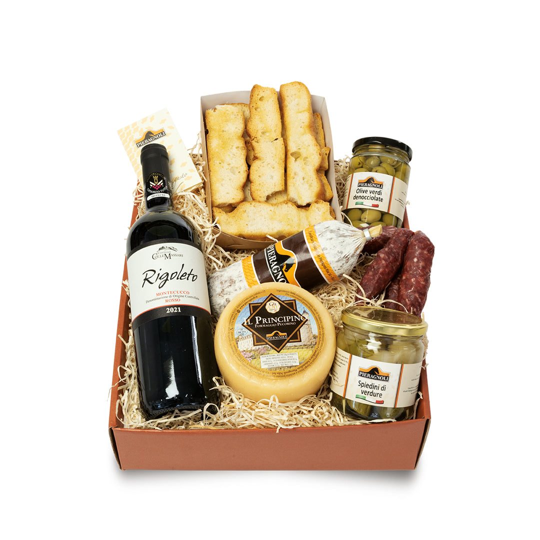 Confezione Aperitivo: confezione regalo personalizzata con prodotti tipici toscani